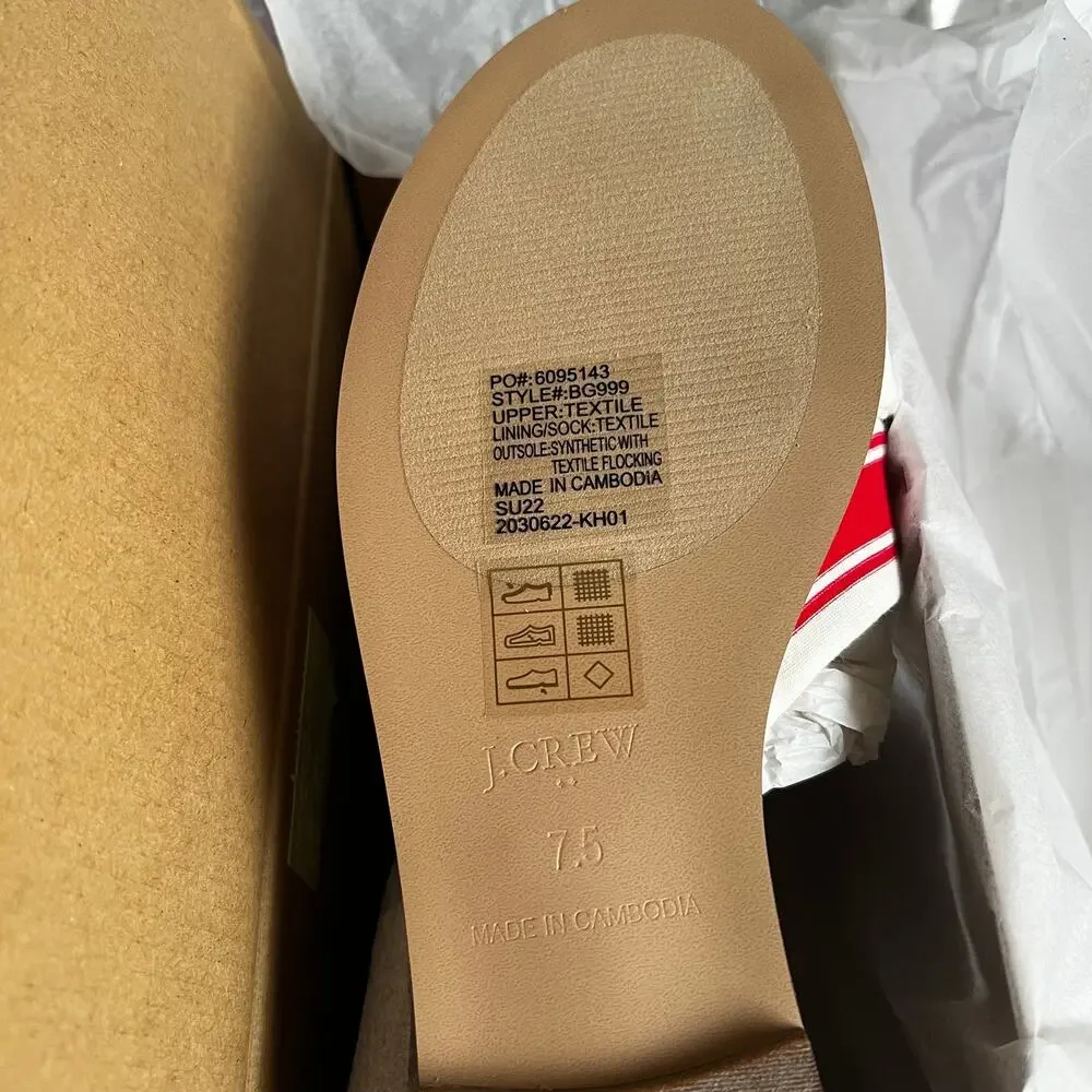 J.Crew Red Ivory Stripe Print Knot Slide Sandals, US7.5